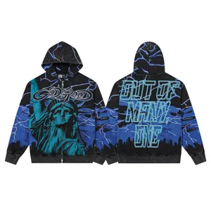 Streetwear Statue of Liberty Graphic Zip Up Hoodie Black Blue Lightning Men Women Jacket