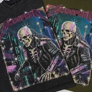 Detail view of vintage washed long sleeve t-shirt featuring cyberpunk skull graphic and print.