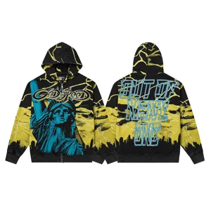 Men women streetwear zip up hoodie statue of liberty lightning graphic vintage sweatshirt
