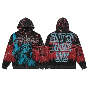 Streetwear zip hoodie featuring Statue of Liberty graphic, red lightning and bold slogans.