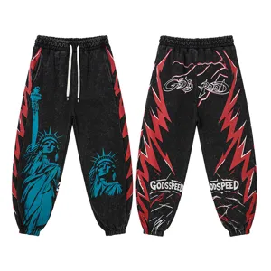 Men women streetwear sweatpants vintage washed black casual trousers with liberty print.