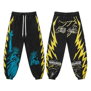 Black streetwear sweatpants with yellow lightning and Statue of Liberty prints for men women