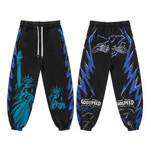 High street streetwear sweatpants with Statue of Liberty and lightning print, black casual pants