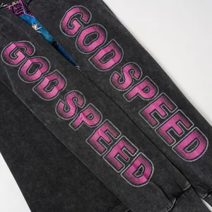 Distressed washed long sleeve t-shirt with bold gradient pink sleeve letter print streetwear.
