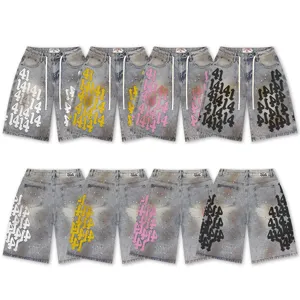 Unisex High Street Washed Denim Shorts With Number Letter Patches Embroidery And Splatter Paint Design American Vintage Five-Point Pants
