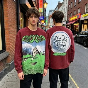 Vintage washed long sleeve t-shirt with graphic print streetwear style for men and women.
