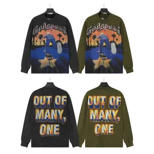 Vintage washed long sleeve t-shirt with graphic print, casual streetwear style for men and women.