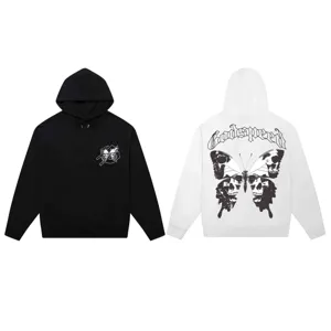 Streetwear hoodie featuring skull butterfly graphics and Godspeed text print, loose fit style.