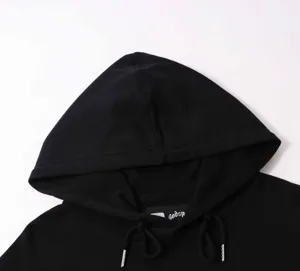 Black hooded sweatshirt detail view, casual streetwear unisex pullover with adjustable drawstring.