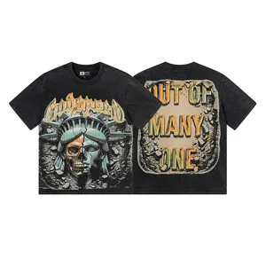 Vintage Washed Graphic T-Shirt Men Women Streetwear Statue of Liberty Short Sleeve Tee