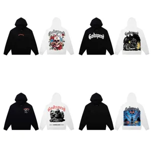 Oversized streetwear hoodies with gothic skull and motorcycle prints, front and back views.