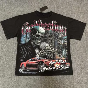 T-shirt noir graphique vintage délavé avec impression de squelette et voiture streetwear.