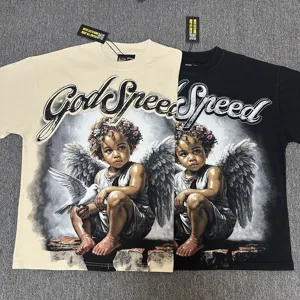 T-shirt streetwear décontracté avec graphique ange strass pour hommes et femmes, coton lavé.