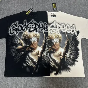 T-shirt à manches courtes lavé avec strass, motif d'ange et lettres vintage pour hommes et femmes.