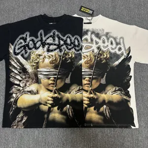 T-shirt graphique Godspeed strass ange impression streetwear manches courtes noir et blanc