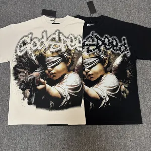 T-shirt graphique streetwear oversize avec strass et imprimé ange pour hommes et femmes.