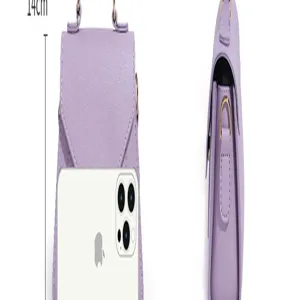 Detail view of the purple mini crossbody phone bag, showcasing compact shape and size.