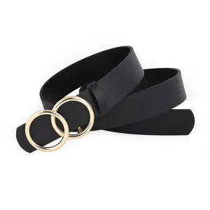 Women double O-ring black leather belt stylish waist accessory fashion metal buckle detail
