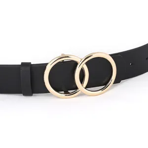 Classic black leather belt with gold double ring buckle, elegant detail view for women's daily wear.