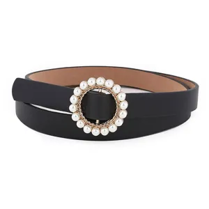 Women's black PU leather thin belt featuring an elegant round pearl decorative buckle.