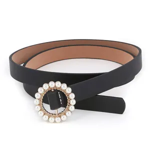 Women's black PU leather belt featuring an elegant round pearl decorative buckle detail.