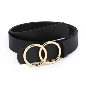 Detailed view of a stylish women's black belt featuring a chic golden double ring buckle.