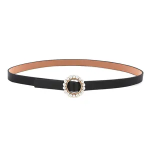 Detailed close-up of a black PU thin leather belt featuring an elegant pearl circle buckle.