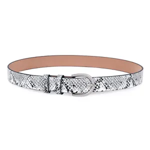 Detailed view of the stylish black and white snakeskin pattern women belt with metal buckle.