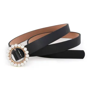 Elegant women's black PU leather thin belt featuring a stylish round faux pearl gold buckle.