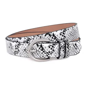 Detailed close-up of a fashionable women's snake print belt with a sleek silver buckle.