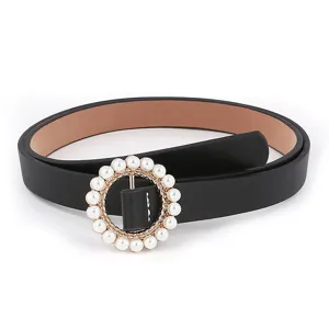 Women fashion pearl buckle waist belt, elegant black PU leather thin strap for dress.