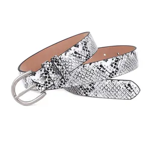 Womens fashion snakeskin print belt with silver metal buckle stylish daily accessory