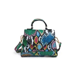 Fashion women colorful snakeskin pattern crossbody bag with top handle and metal hardware.