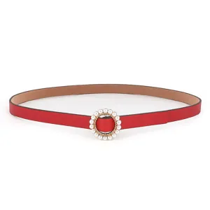 Women casual pearl PU thin belt detail shot, elegant red leather belt with circle buckle.