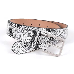 Details of the fashion black and white snakeskin pattern women's belt with silver buckle.