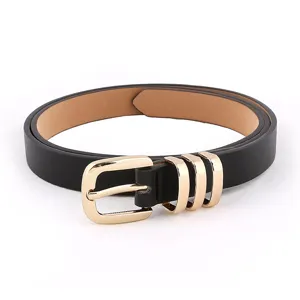 Women black PU thin leather belt with stylish gold metal buckle and loops for daily dress.