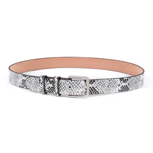 Women fashion casual snake print leather belt with silver metal pin buckle detail