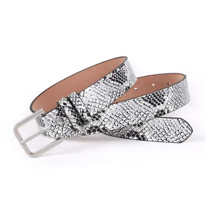 Details of the stylish black and white snakeskin print women casual belt with silver metal buckle.