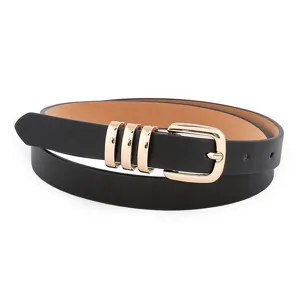 Elegant black women belt with gold buckle and metal loops, stylish leather waist accessory.