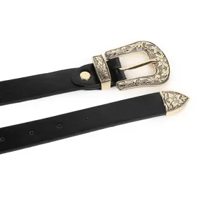 Women vintage PU leather belt western metal floral carved buckle denim jeans waist strap
