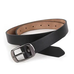 Classic black leather belt detail featuring a sleek metal buckle and multiple adjustable holes.