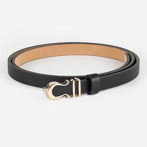 Women's thin leather belt with a gold metal buckle, stylish black waist accessory for dress.