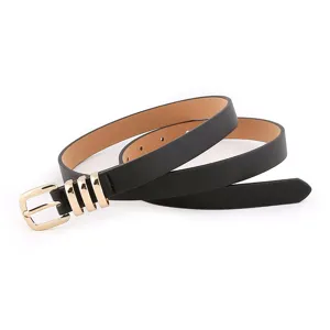 Women casual thin PU leather belt with gold metal buckle and decorative loops for daily dress.