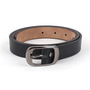 Detail shot of women's black leather belt with dark metal buckle, casual minimalist style.