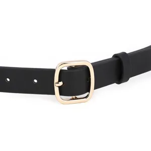 Close-up of black PU leather belt with gold square buckle for women fashion waist accessories.