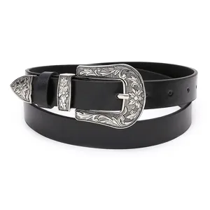 Detailed view of a retro women's PU leather belt featuring ornate engraved metal buckle set.