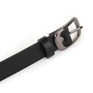 Close-up detail of stylish black leather belt with metal buckle, casual accessory.