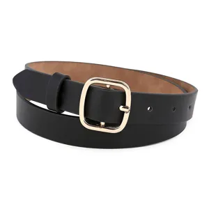 Close-up of black PU leather belt with gold square buckle, elegant women detail accessory.