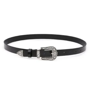 Detailed view of women retro PU leather belt with silver engraved metal buckle and tip.