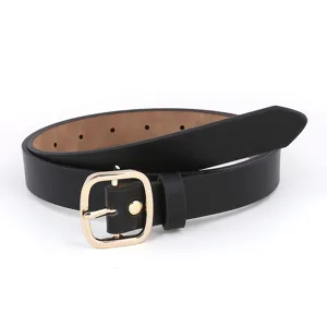 Close-up detail of a women's black PU leather belt with gold square buckle for daily wear.